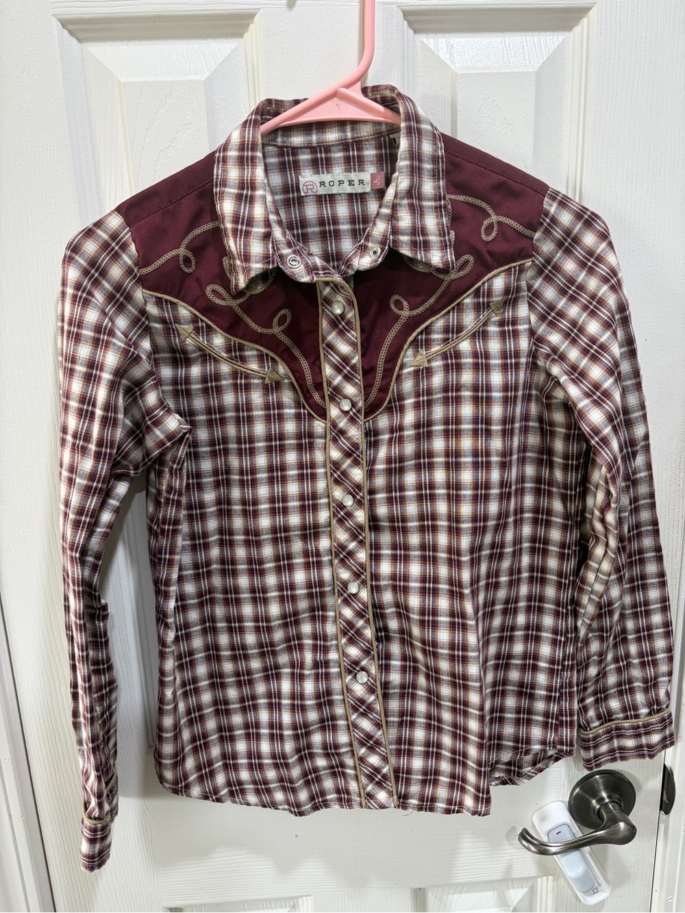 Roper Girls' Burgundy and Cream Plaid Western Snap Shirt
